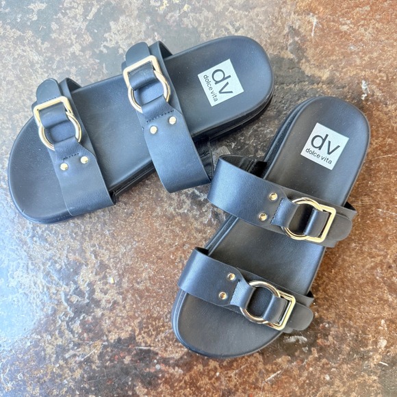 DV Dolce Vita Shoes - Dolce Vita Sandals Double Strap Black Slides Gold Buckles Womens Brand New NWOT